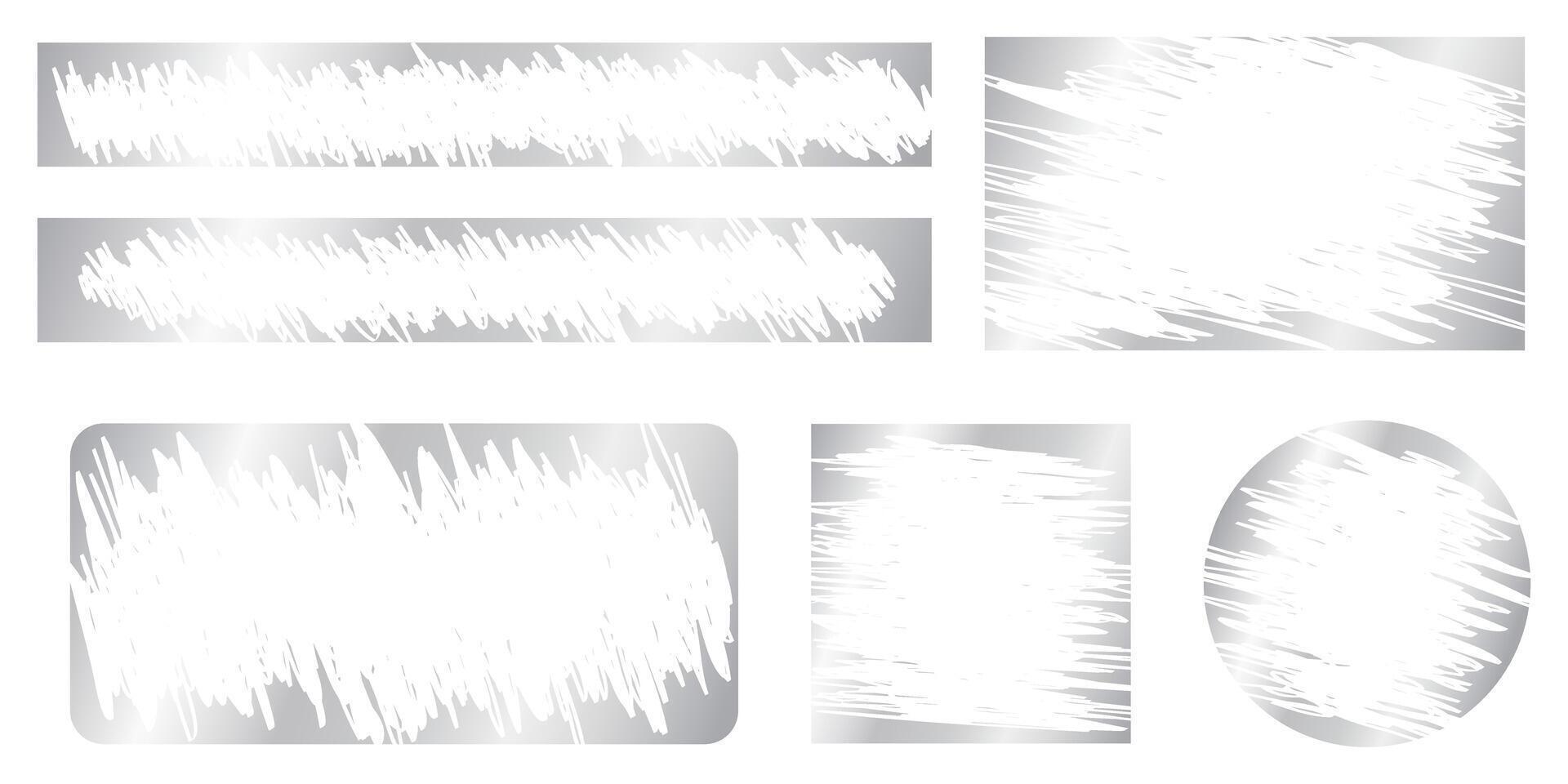 Set of silver scratch card surfaces with scraped textures. Collection of metallic scratchcards, lottery winner, money prize or sale coupon templates isolated on white background. illustration vector