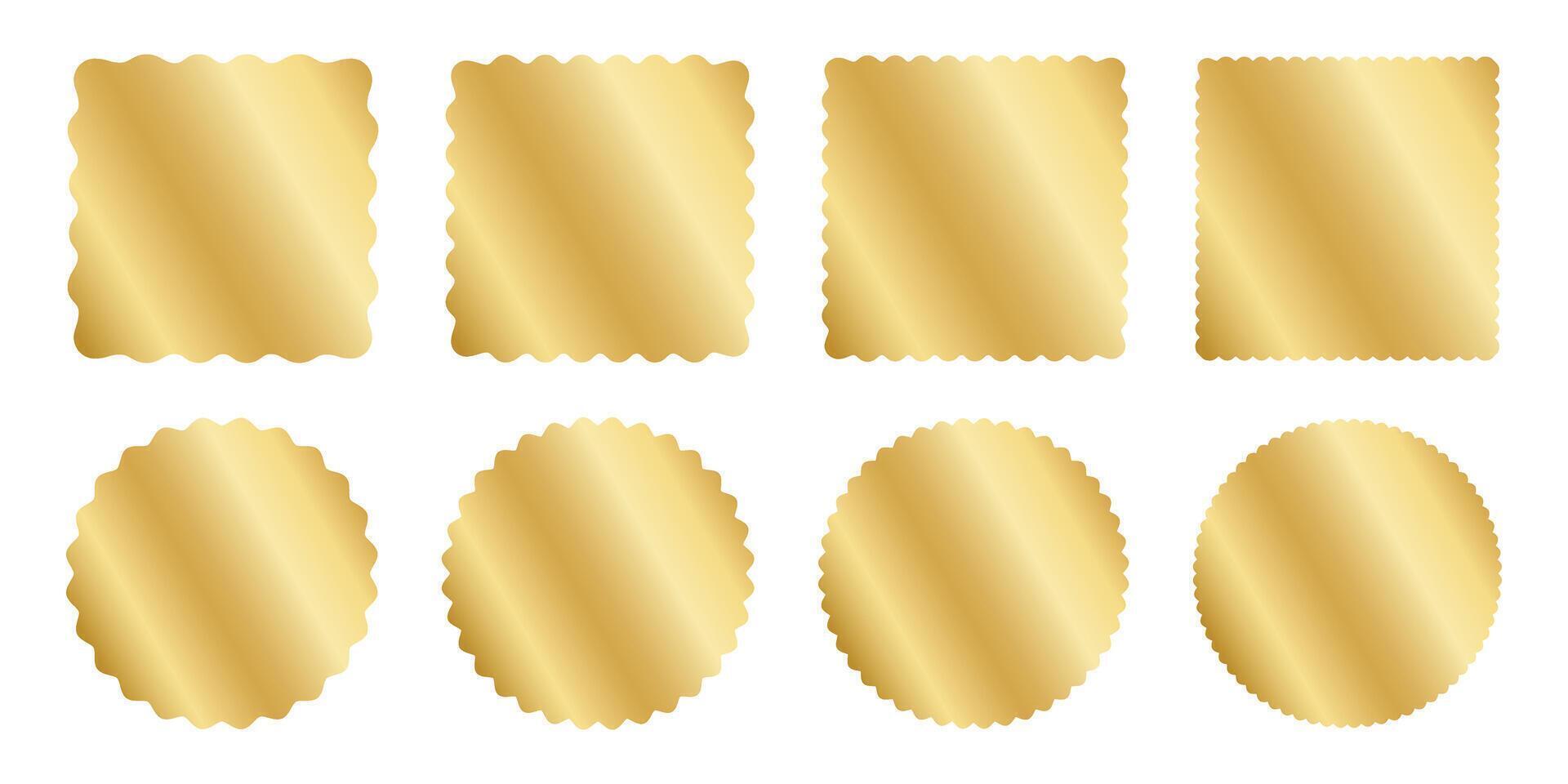 Set of gold square and circle stickers with wavy borders. Wiggly round and squared shining labels, badges, price tags, stamps, sale offers isolated on white background. illustration vector