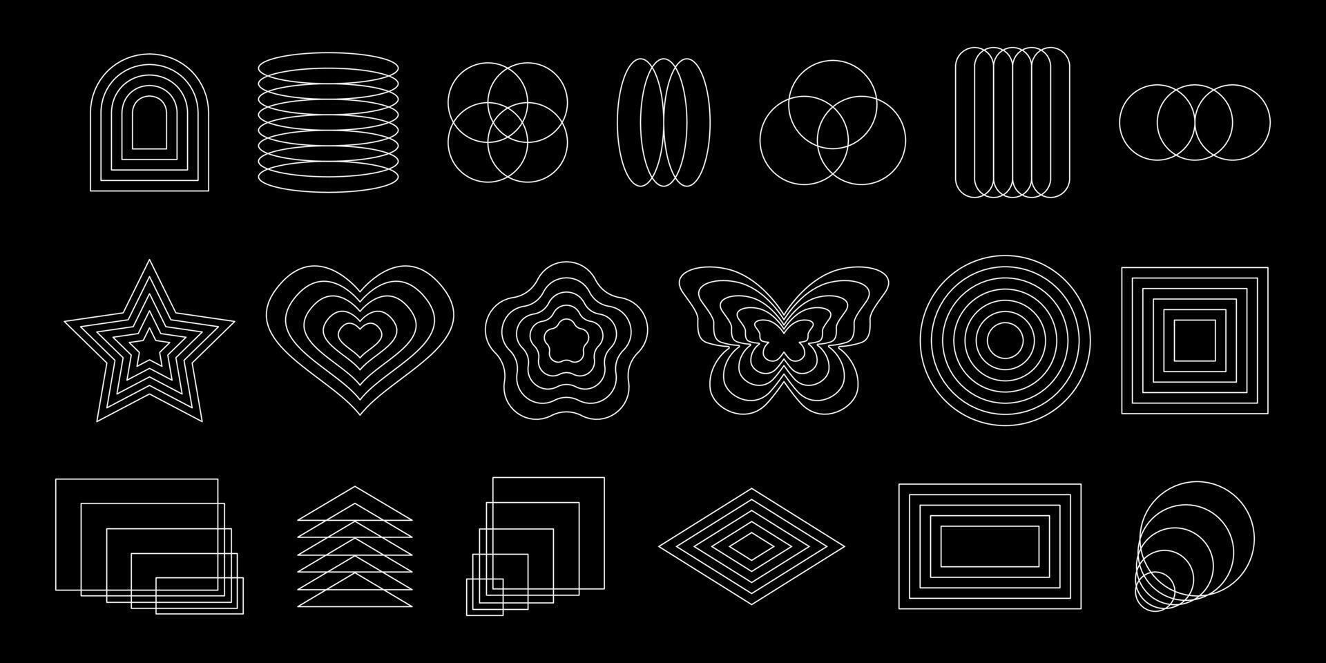 Set of abstract geometric y2k shapes. Repeating white star, butterfly, heart, circle, square, flower symbols in aesthetic postmodern style isolated on black background. graphic illustration vector
