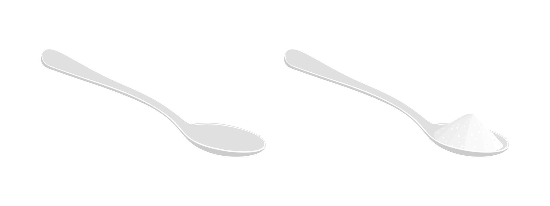 Spoon empty and full with with salt, sugar or sweetener. Teaspoon with powder isolated on white background. Cooking ingredients. Making tea or coffee concept. flat illustration vector