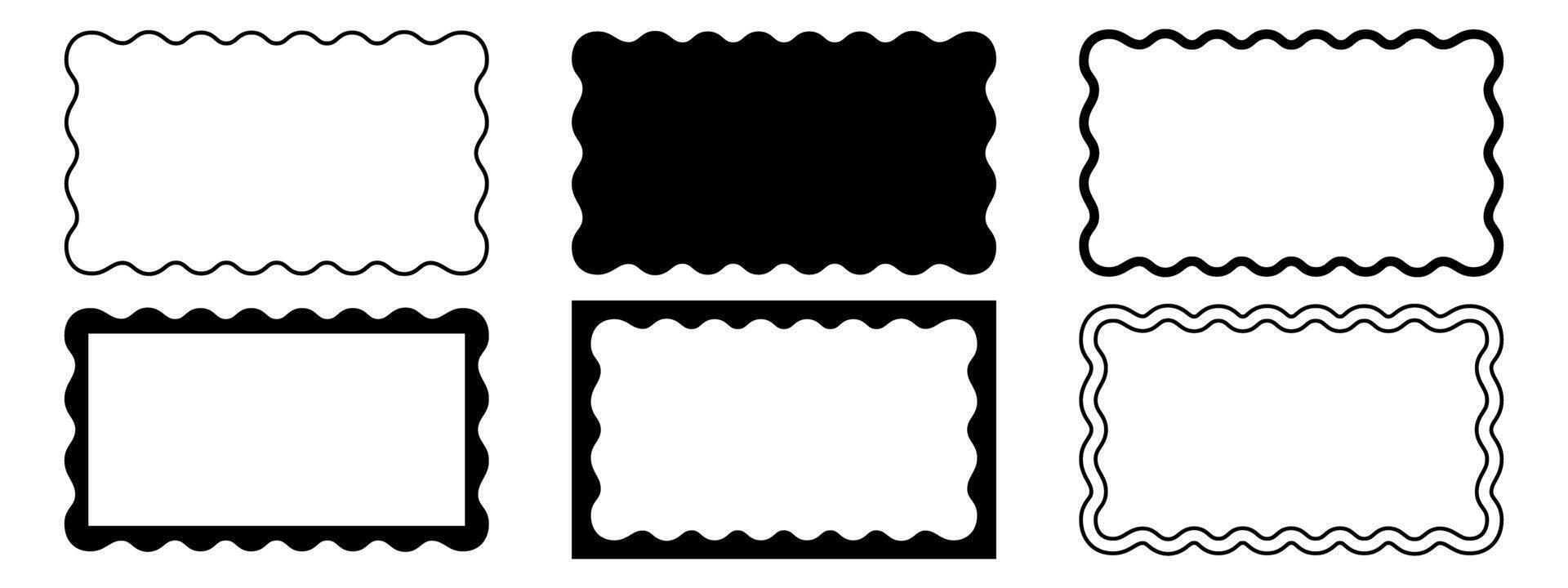 Set of different rectangle frames with wavy edges. Cute rectangular shapes with undulated borders. Empty text boxes, stamps, tags or labels isolated on white background. graphic illustration vector