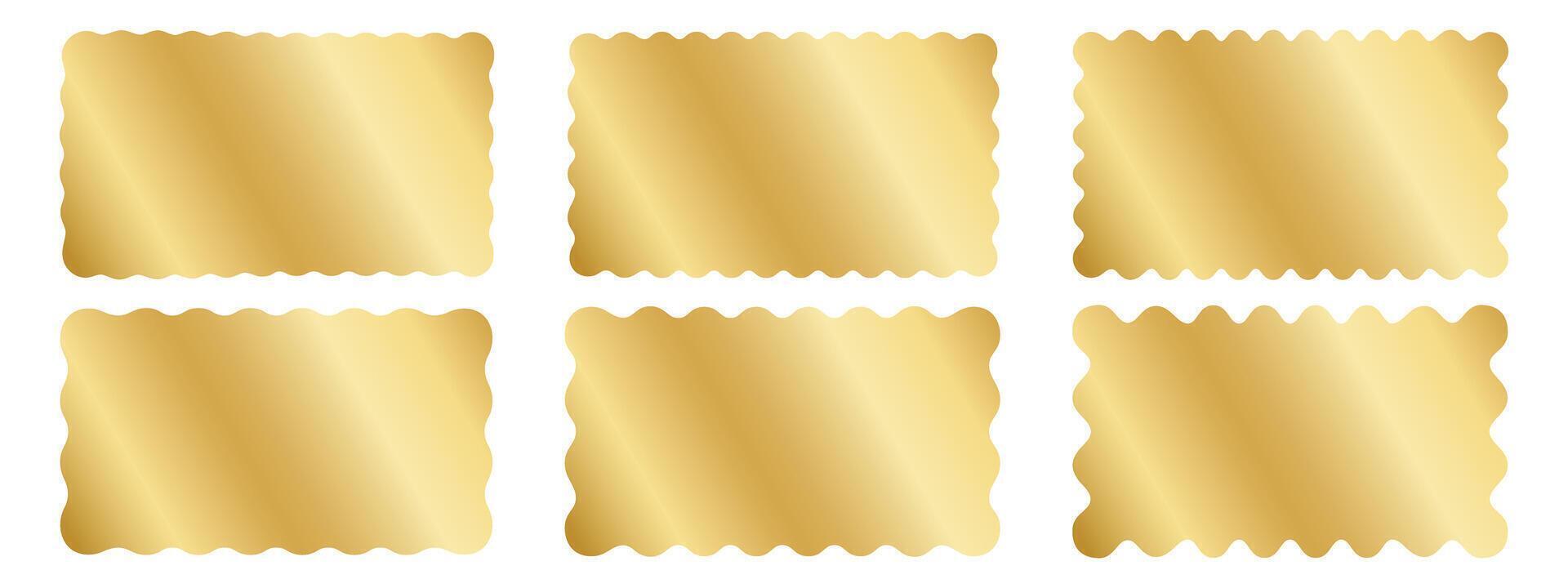Set of gold rectangle stickers with wavy borders. Metallic undulate shapes of labels, badges, price tags, coupons, promocode tickets isolated on white background. realistic illustration vector