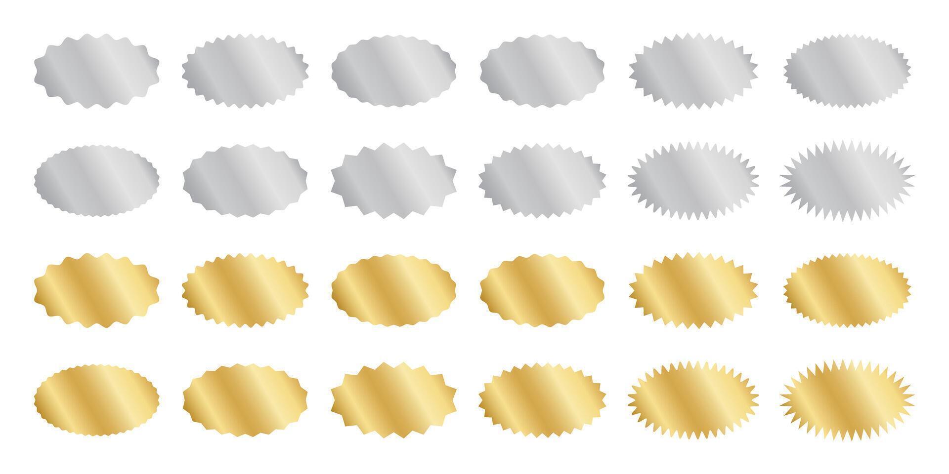 Set of silver and gold oval stickers with wavy borders. Metallic wiggly labels, badges, price tags, coupons, quality stickers shapes isolated on white background. illustration vector