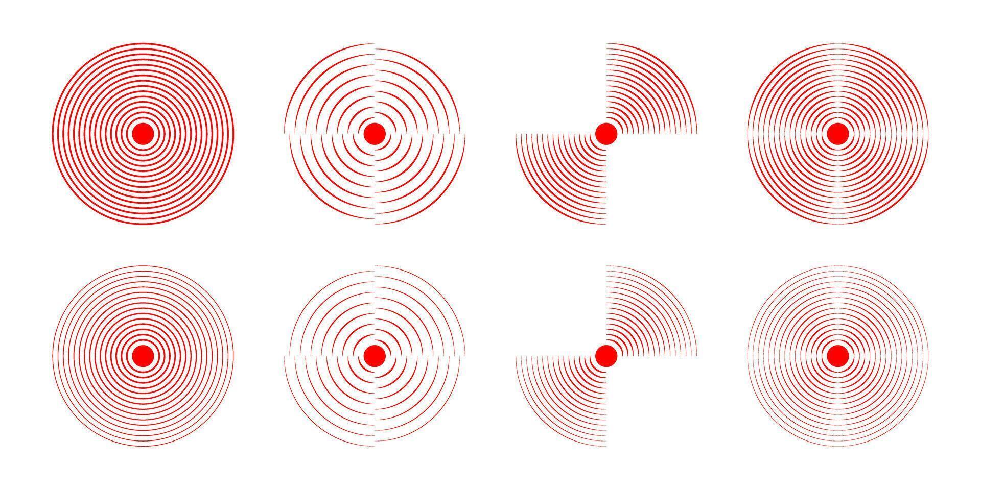 Set of red concentric circles. Pain localization icons. Sore or inflammation symbols. Pulse, shockwave or vibration sign. Soundwave, coverage, radar or sonar signal pictograms. illustration vector