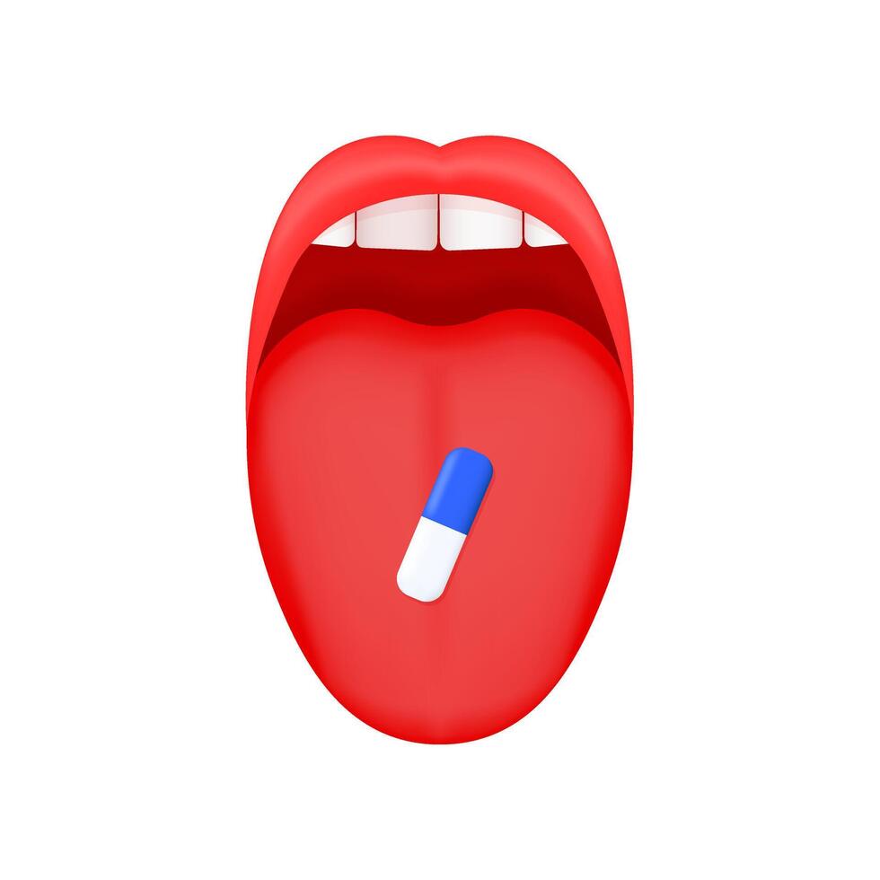 Open mouth with tongue sticking out and capsule on them isolated on white background. Taking medicine or drugs concept. cartoon illustration vector