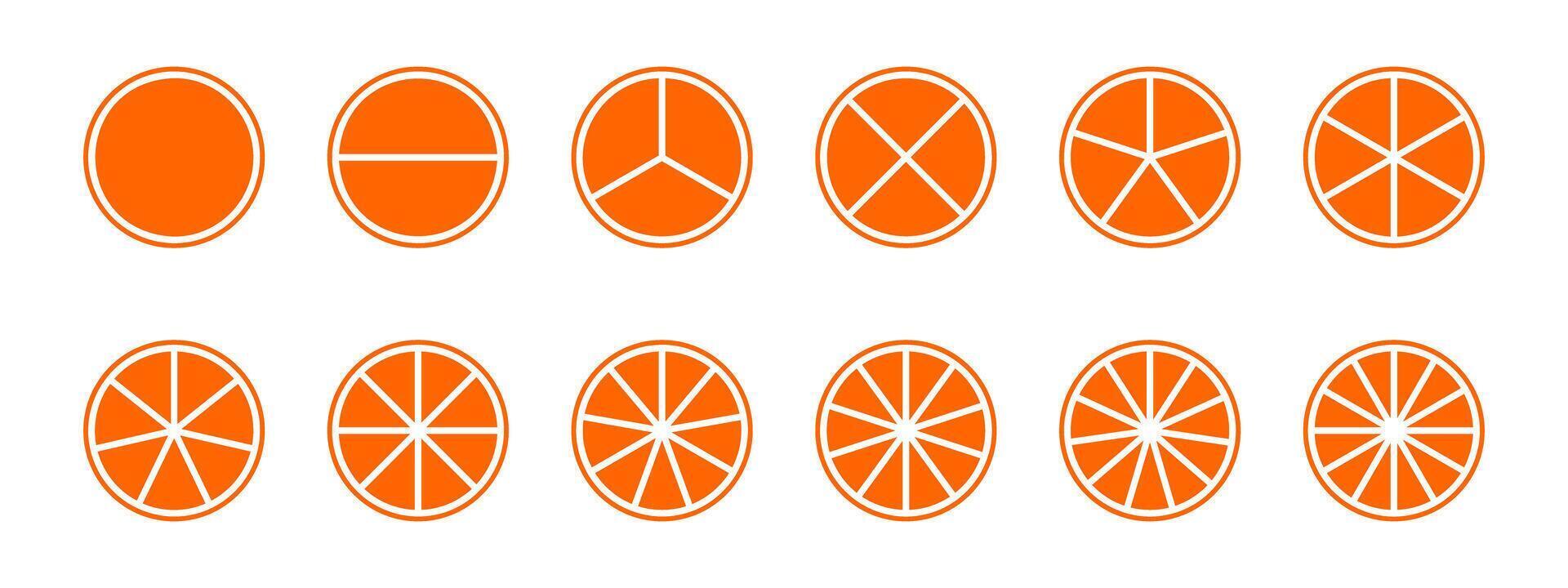 Orange circles divided into fractions from 1 to 12 isolated on white background. Round shapes cut in equal parts. Simple circular diagrams, statistic wheels, business charts. flat illustration vector