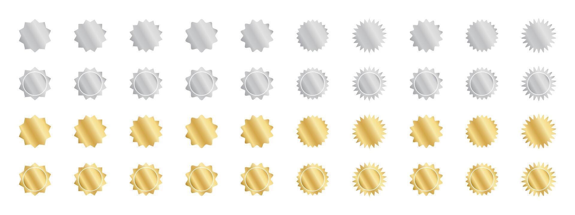 Set of silver and gold round stickers with wavy borders. Shining wiggly labels, quality badges, price tags, stamps, sale offer shapes isolated on white background. illustration vector
