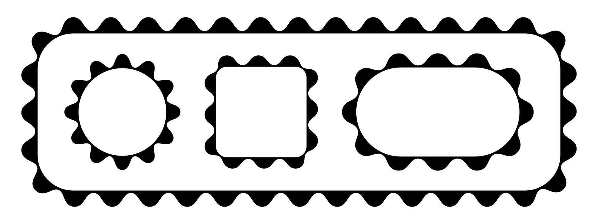 Set of round, square, rectangle and oval frames with scalloped borders. Tags, labels, stickers or text boxes templates with wavy edges isolated on white background. graphic illustration vector
