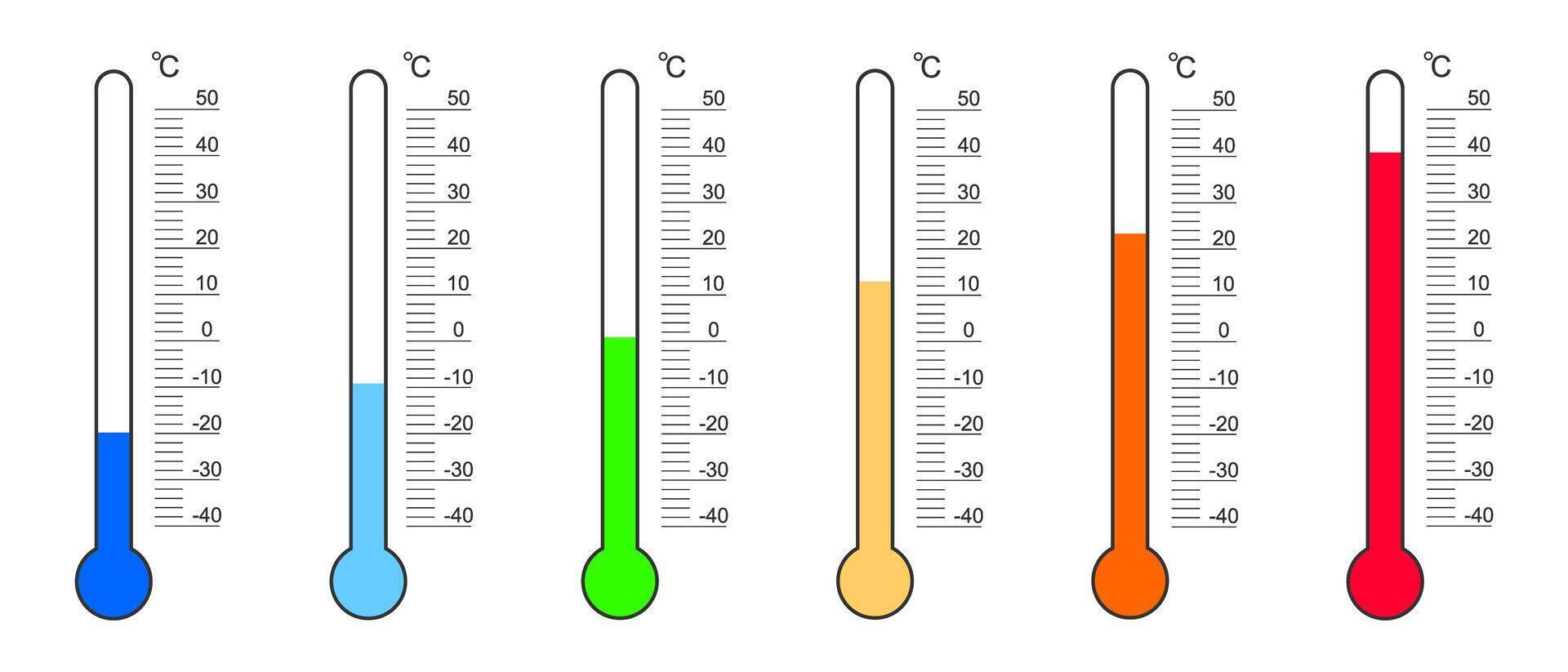Set of thermometer readouts with Celsius degree scales and numbers from cold to heat. Meteorology measurement tools isolated on white background. flat illustration vector