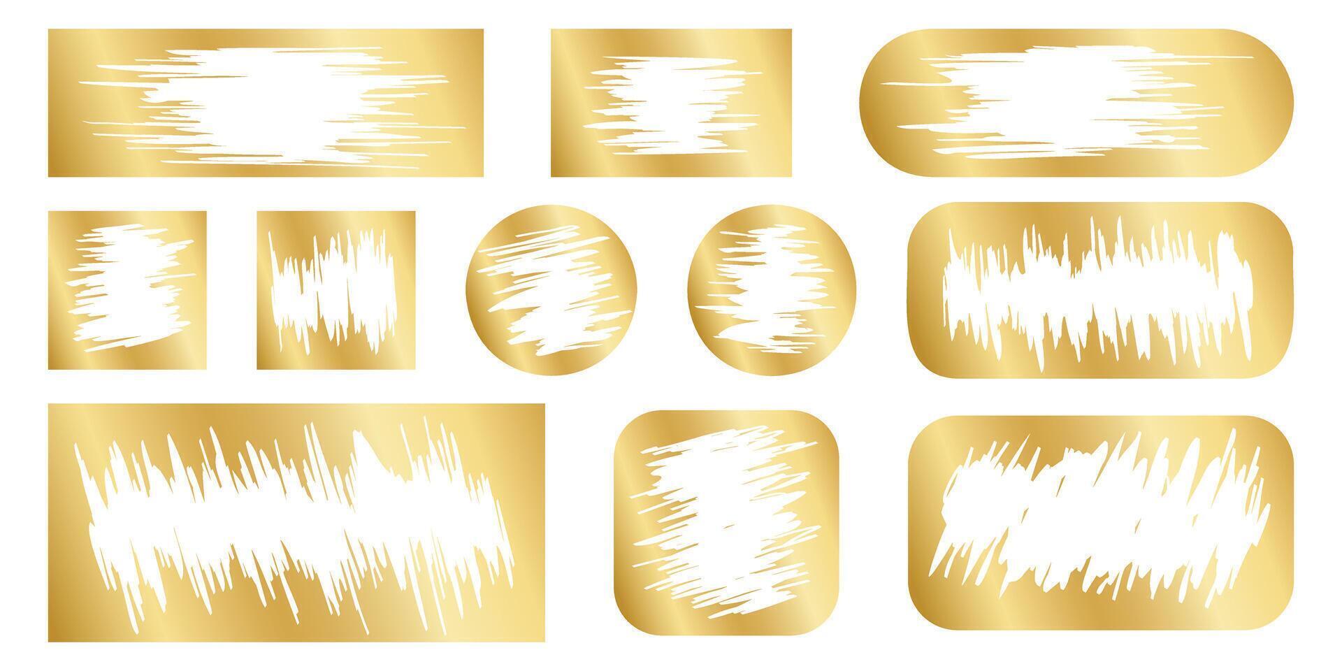Set of golden scratch card surfaces with scraped textures. Collection of metallic scratchcards, lotto winner, money prize or sale coupon templates isolated on white background. illustration vector