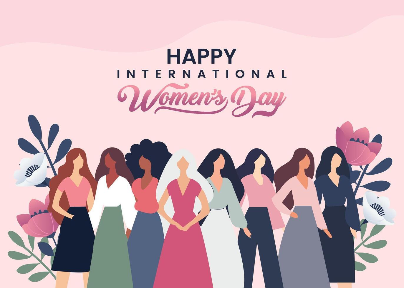 International Womens Day, March 8. Vibrant pink design featuring diverse womens faces among flowers. A powerful tribute to unity, strength, and empowerment. vector