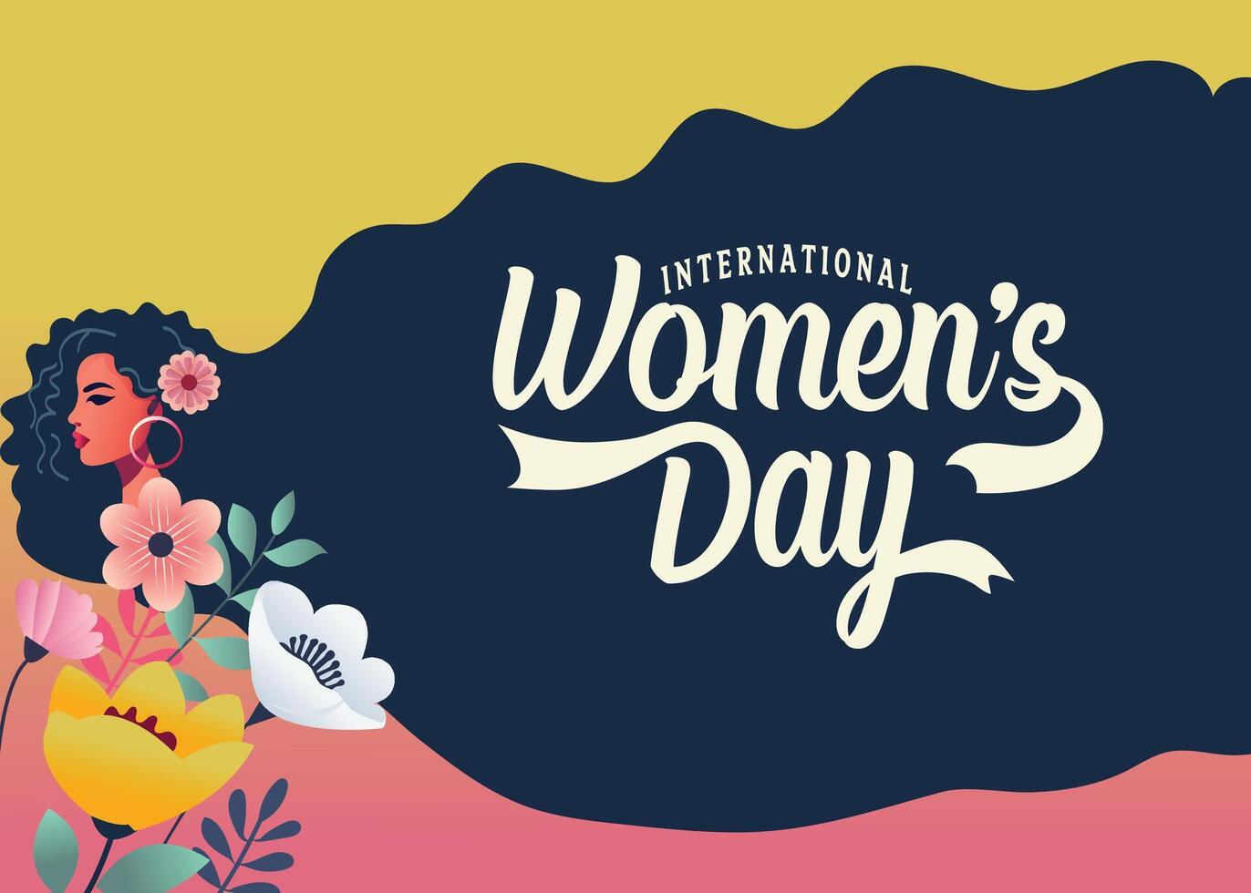 International Womens Day, March 8. A striking yellow design featuring diverse womens faces among flowers, celebrating strength, unity, and empowerment. vector