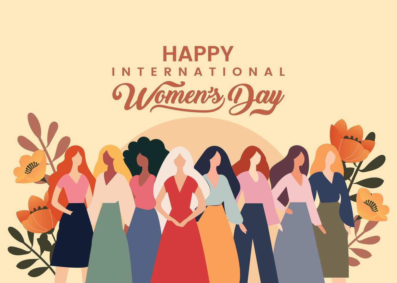 International Womens Day, March 8. Bold yellow design featuring diverse womens faces among flowers, celebrating empowerment, unity, and strength. vector