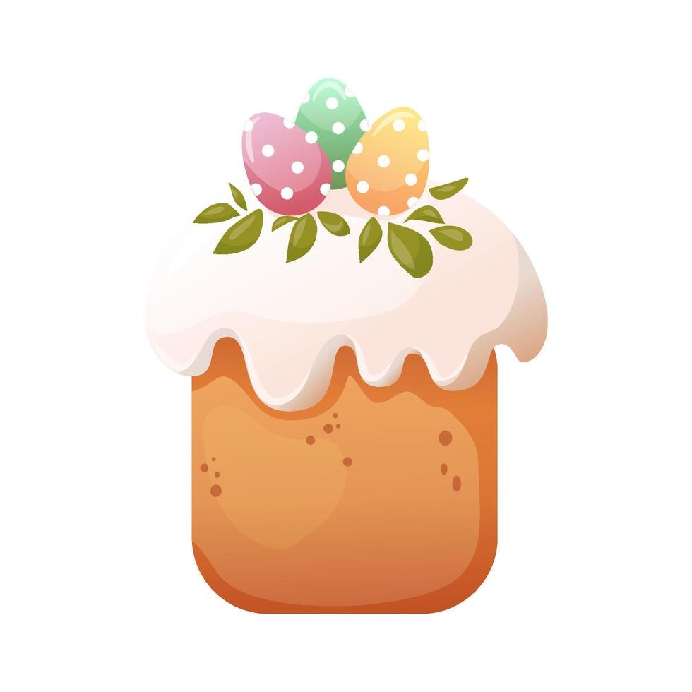 Cute cartoon illustration of Easter cake decorated by twig and eggs. Paska, kulich icon or print vector