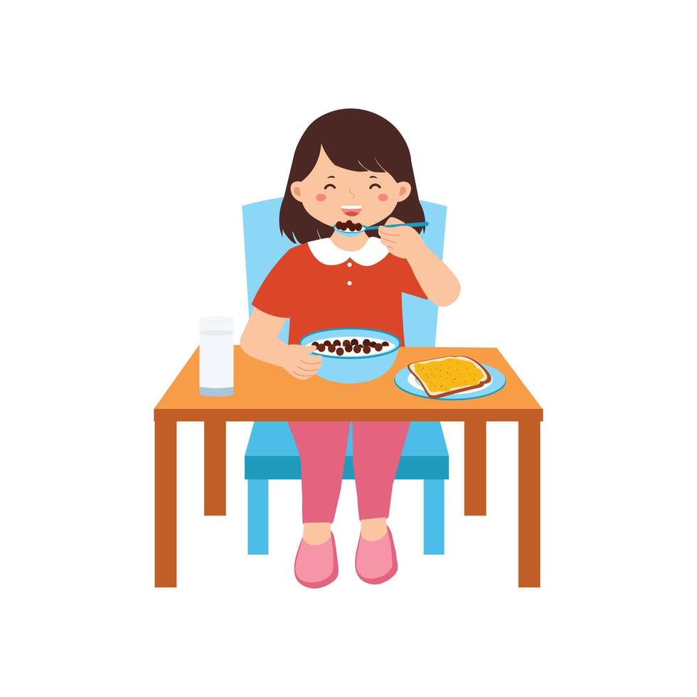 Girl Enjoying Cereal Breakfast at the Table vector