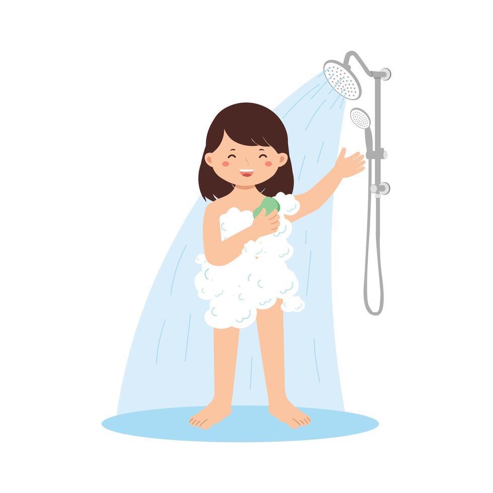Illustration Girl Enjoying Shower with Soap vector