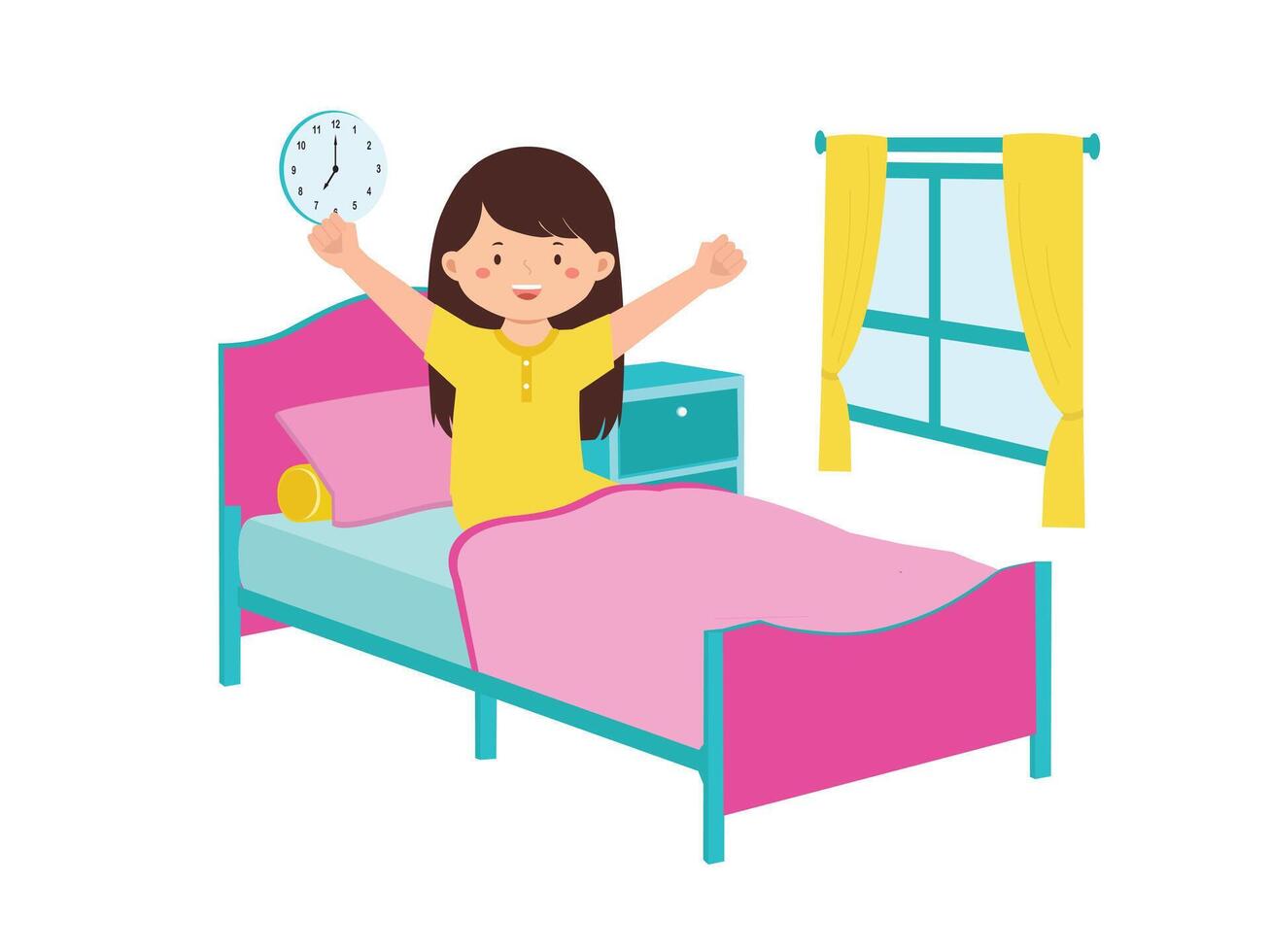 Cheerful Girl Waking Up In Bedroom vector