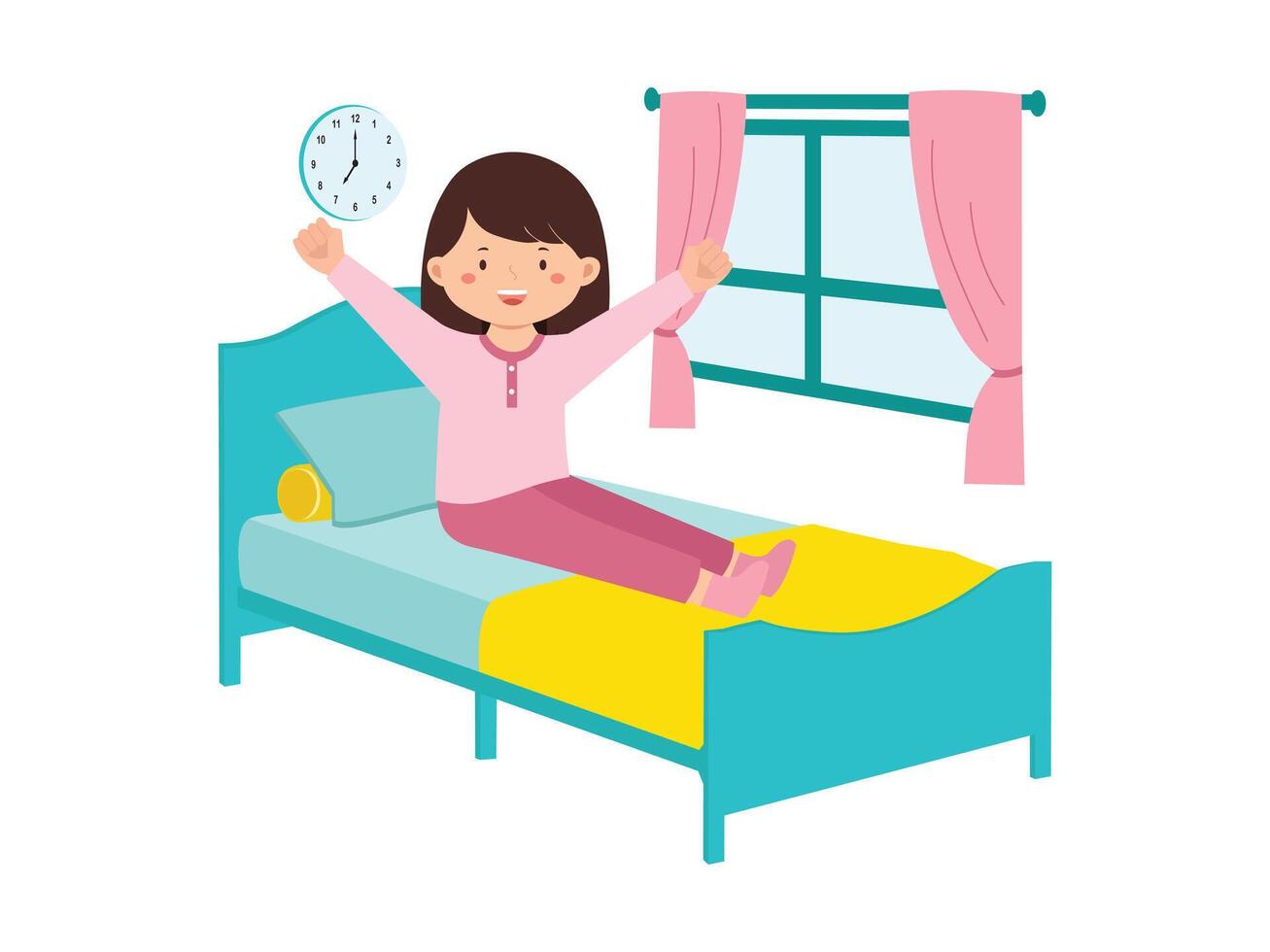 Illustration Cheerful Girl Waking Up In Bedroom vector