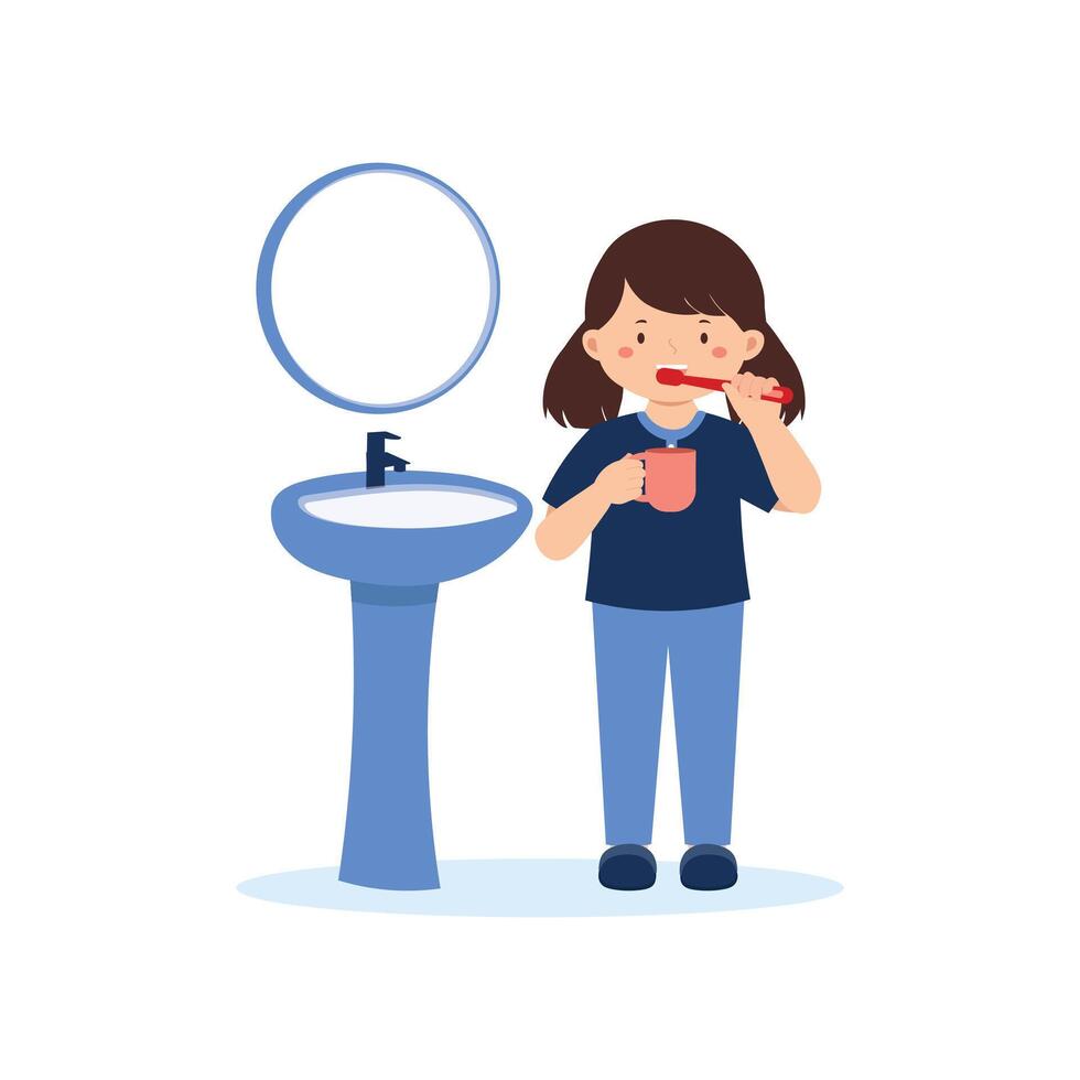 Girl Brushing Teeth in Bathroom vector