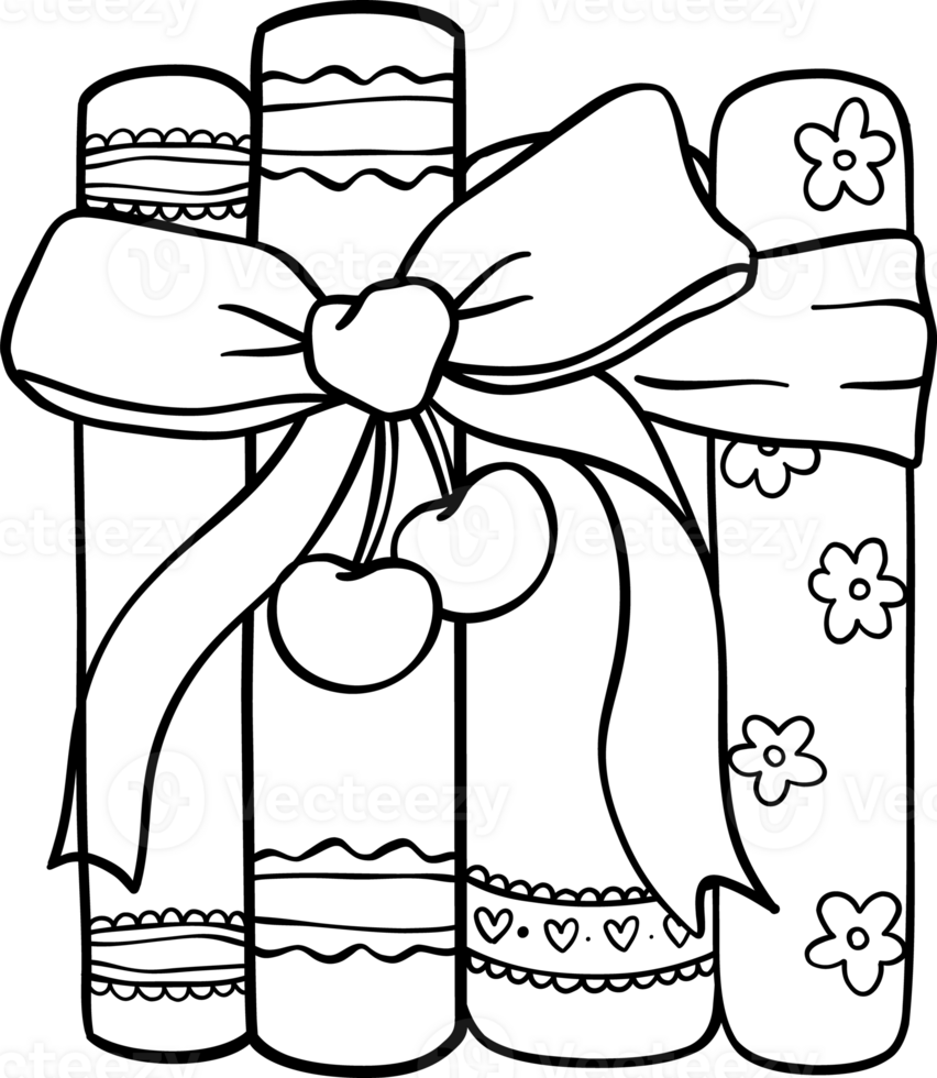 Coquette Books with Ribbon bow Piled Outline Black and White png