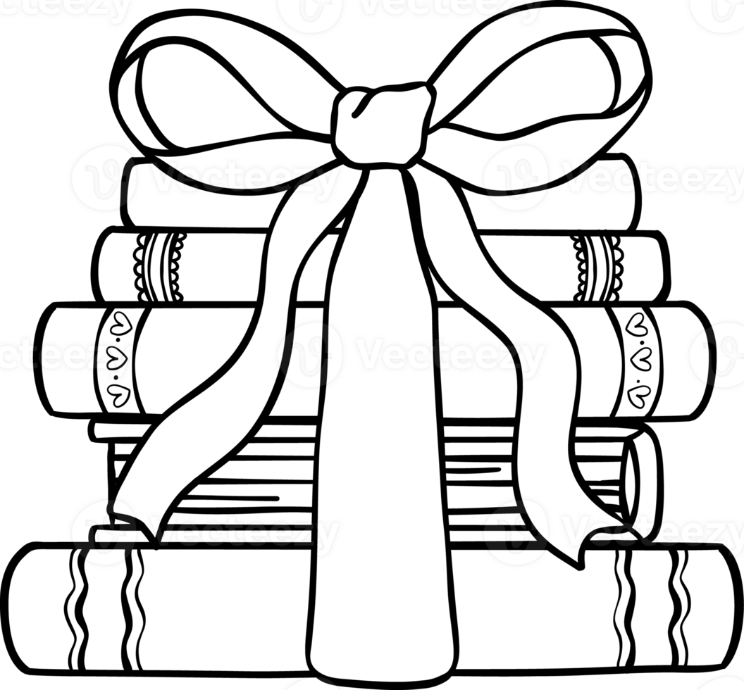 Coquette Books with bow stacked Outline Black and White Handdrawn png