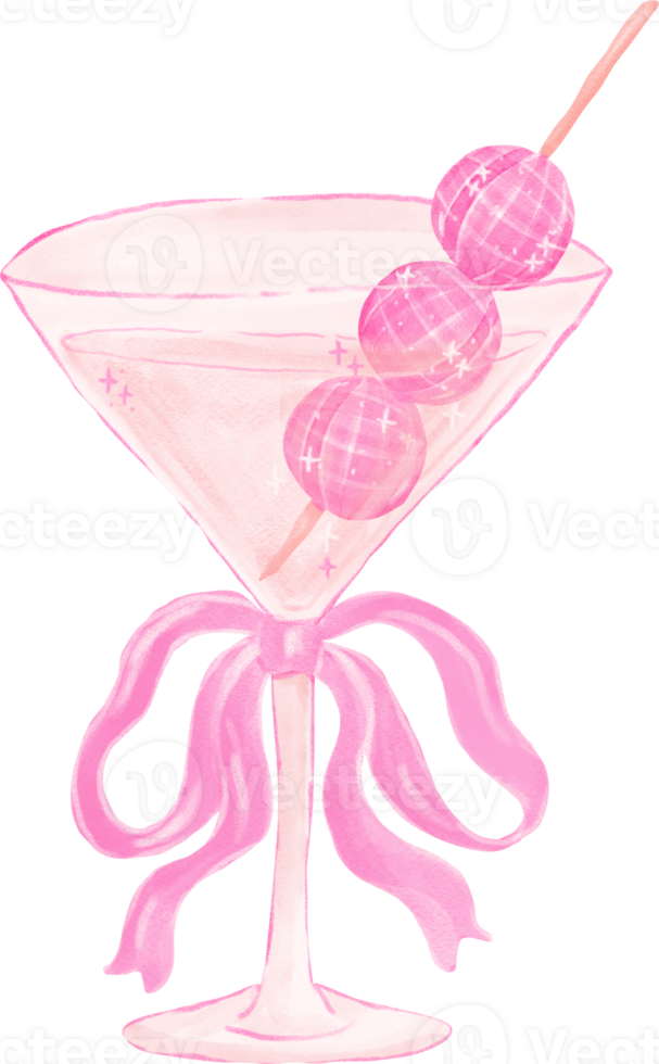 Coquette Martini Glass with Pink Bow and Disco Ball Olives Watercolor png
