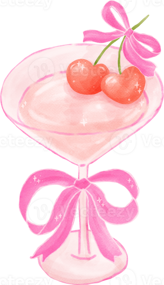 Coquette Cocktail Glass with Pink Bow and Heart Cherries Watercolor png