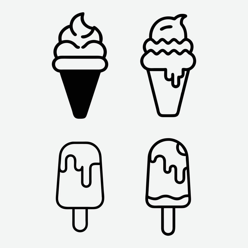 ice cream icon set, black and white line style illustration vector