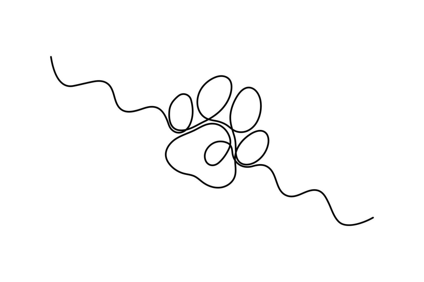 Continuous one line drawing of cat or dog paw footprints doodle style illustration vector