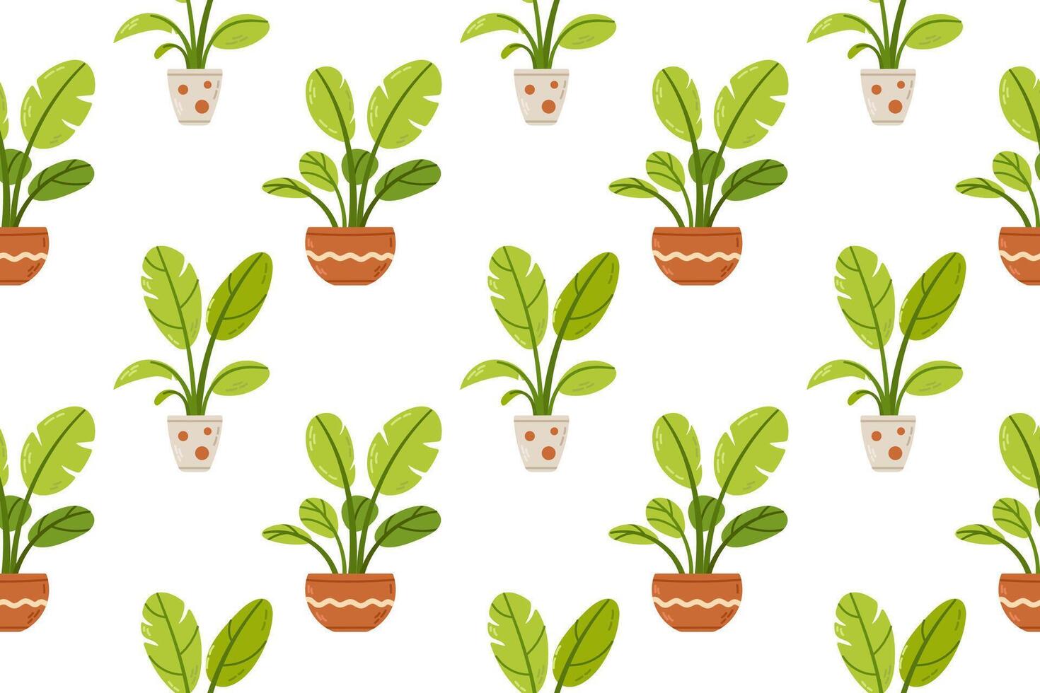 A seamless pattern featuring leafy green plants in pots. Suitable for textile prints, wallpapers, and decor. vector