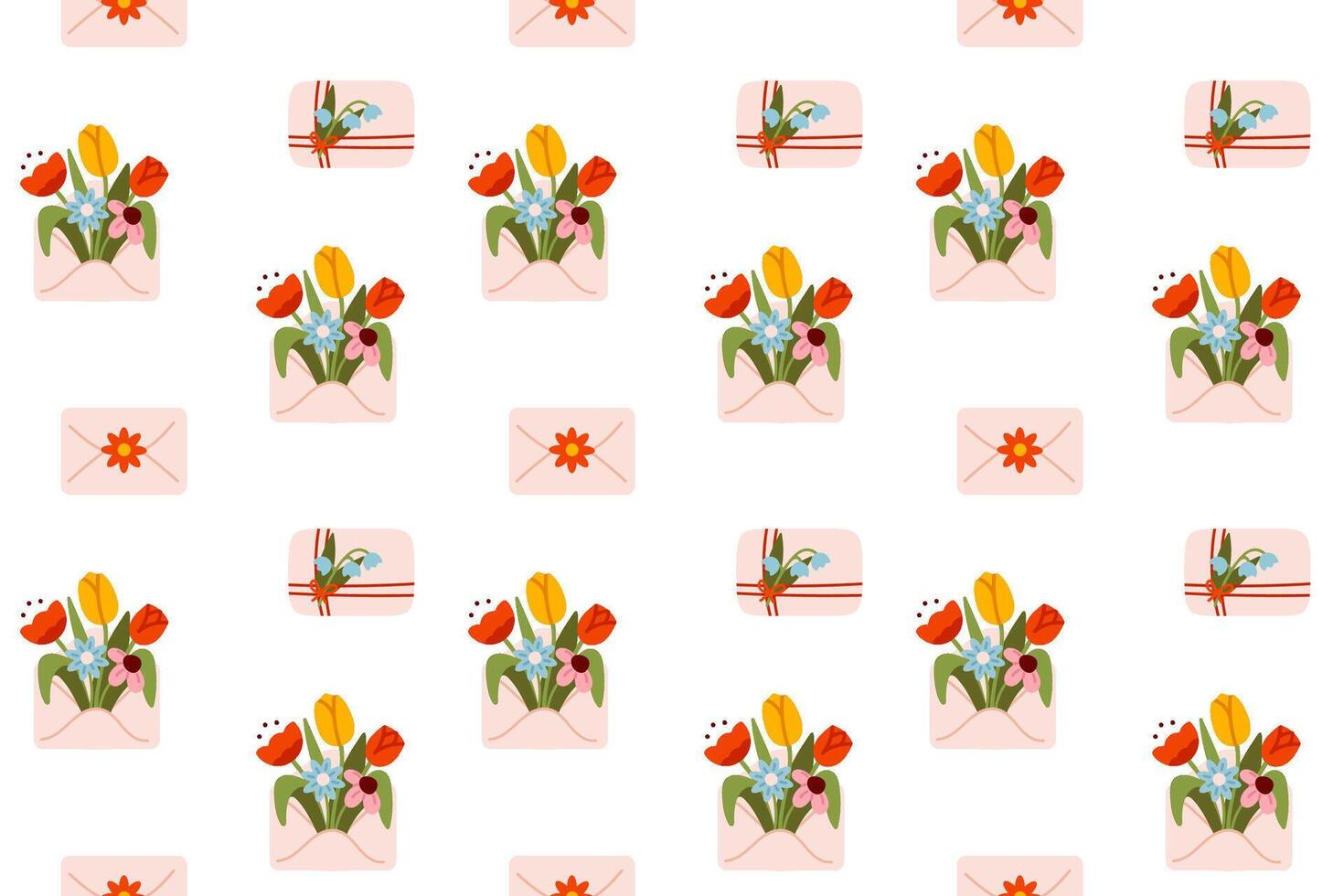 Pattern of floral envelopes with tulips and love letters. Ideal for wedding invitations, wrapping, and stationery design vector