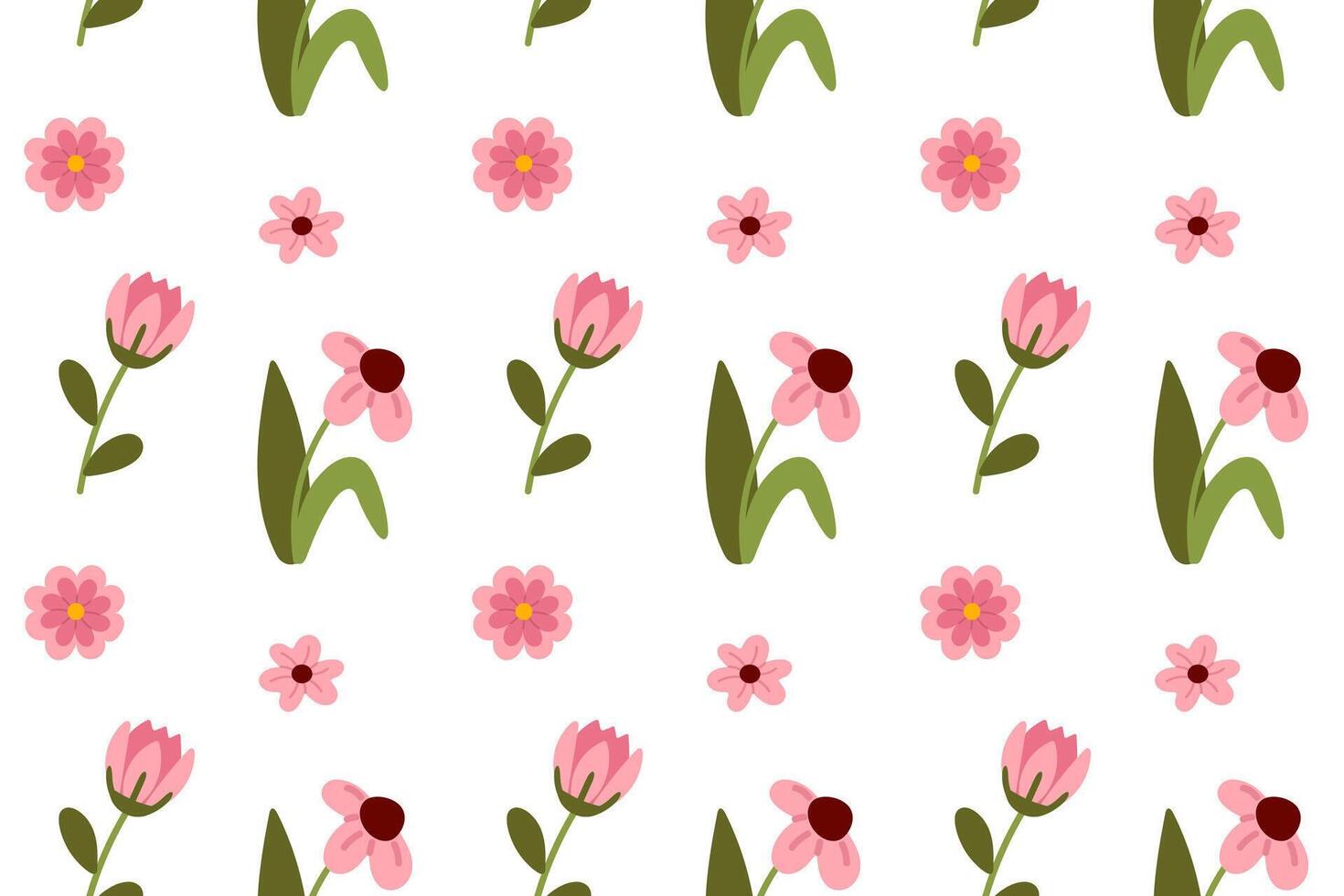 Seamless pattern with pink flowers on white background. Flat illustration. vector