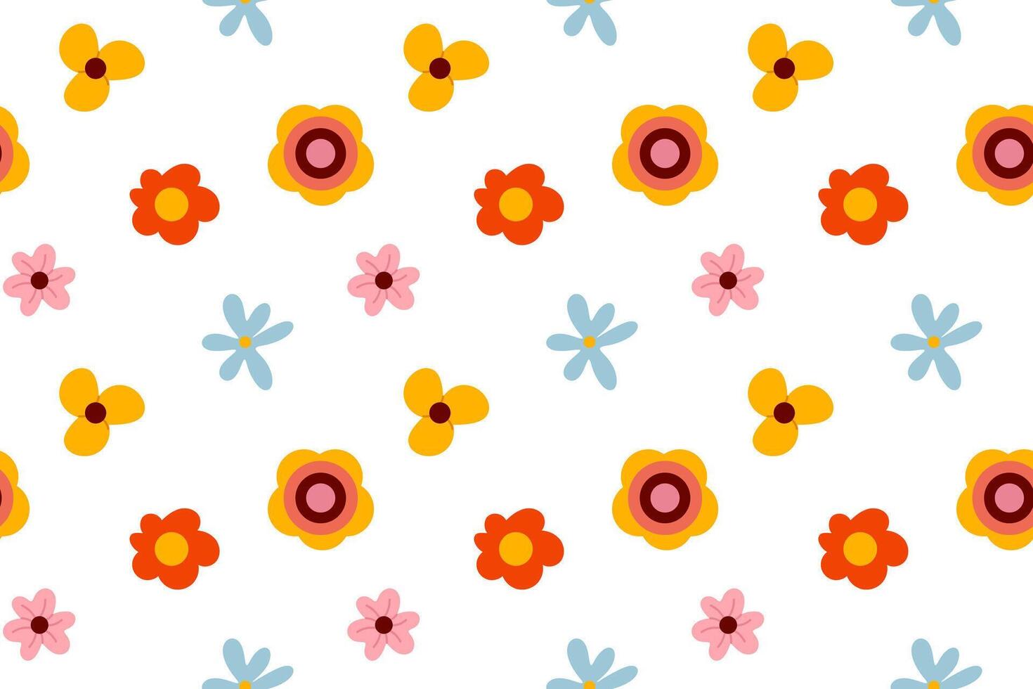Seamless pattern with mix of various flowers, including blue, red, yellow, and pink blossoms with green leaves. vector