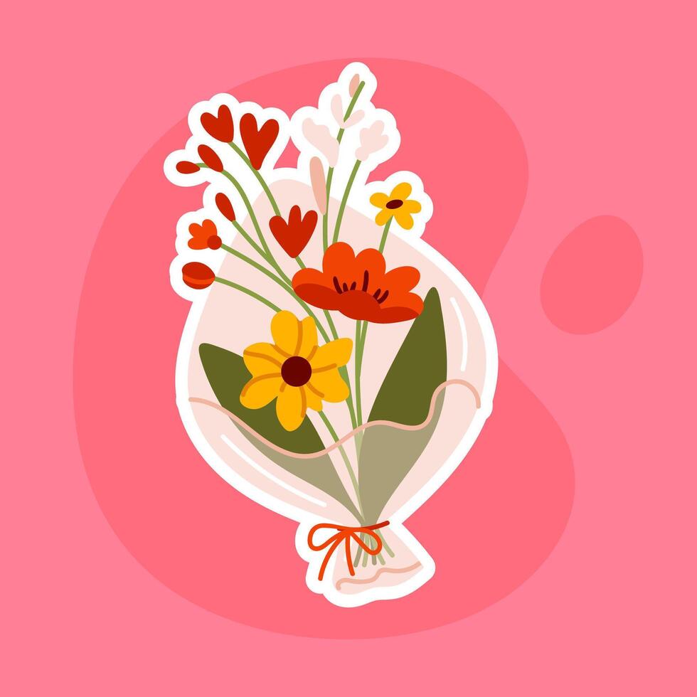 Floral sticker featuring a bouquet of mixed wildflowers tied with a ribbon. Spring flowers. A beautiful decoration for greeting cards, digital designs, and floral art. vector