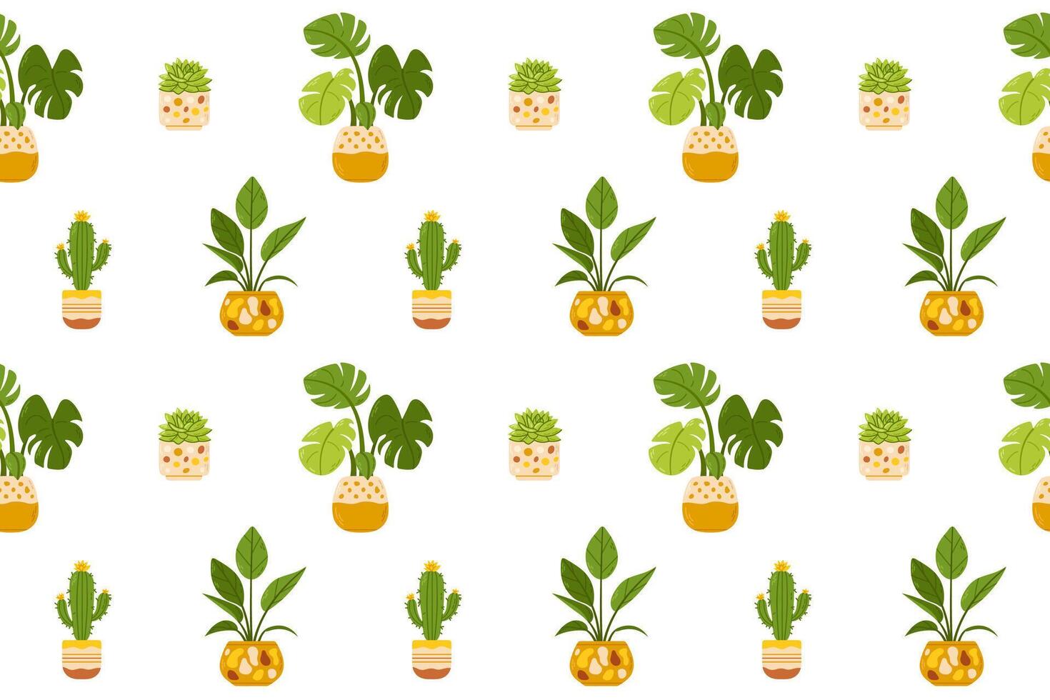 A seamless botanical pattern featuring various potted houseplants. Ideal for design projects and fabric prints vector