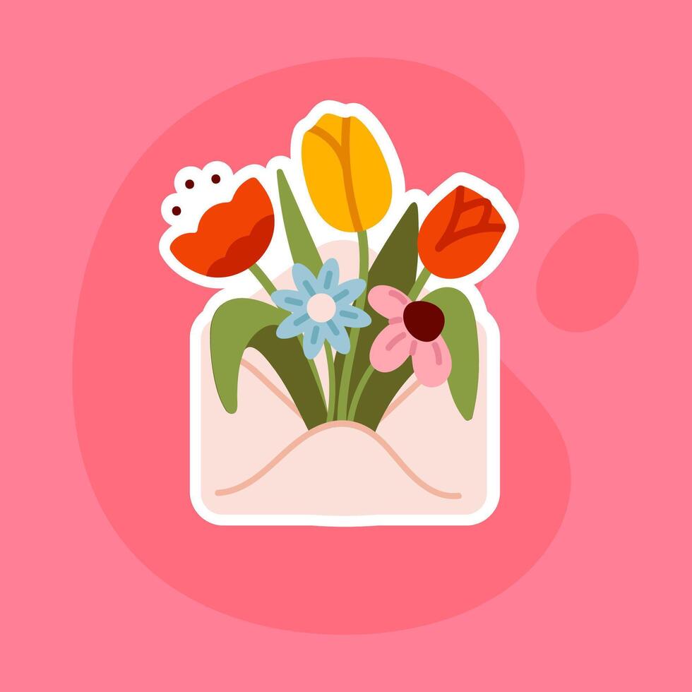 Romantic sticker featuring an envelope with fresh tulips and greenery. Spring flowers. Ideal for love letters, wedding invitations, and digital stickers. vector