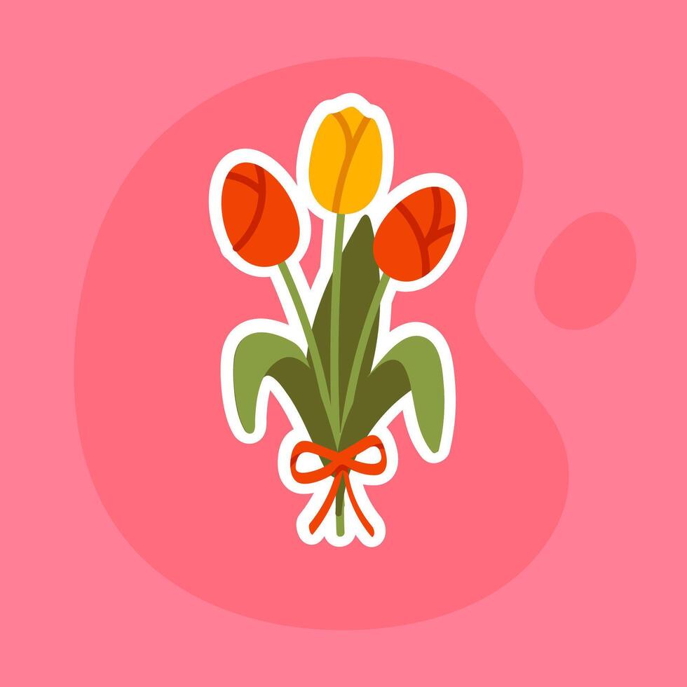A bright and elegant sticker featuring a bouquet of red and yellow tulips tied with a ribbon. Perfect for digital stickers, greeting cards, and floral-themed designs vector