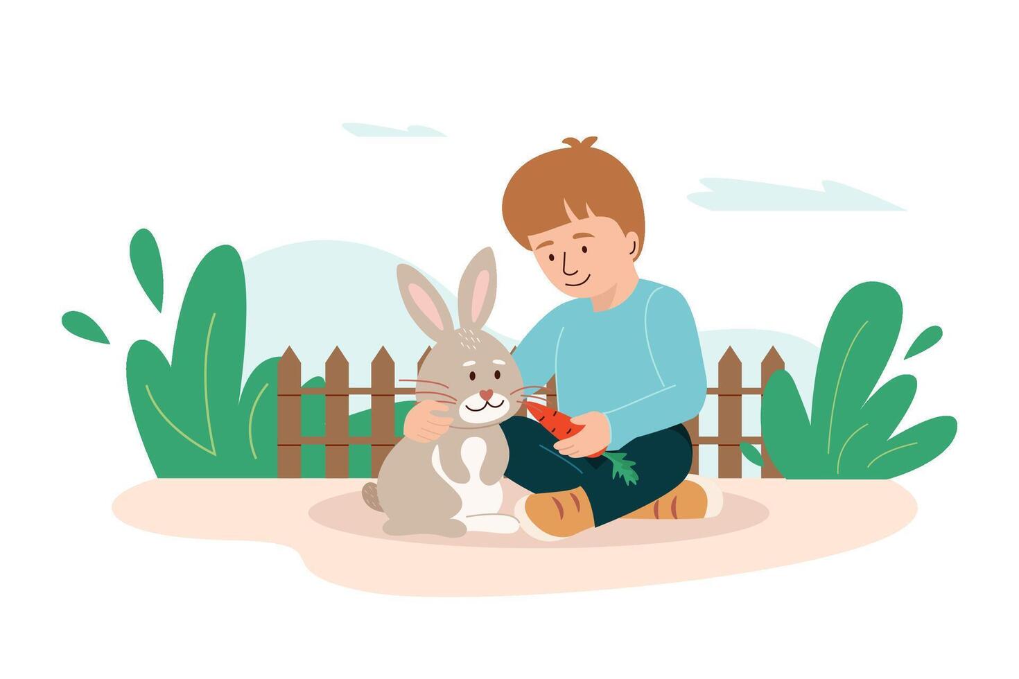 Boy giving carrot to rabbit on livestock farm. Kid sitting and feeding cute bunny. Child holding vegetable gift for hungry little pet, kindness, love and care to domestic animals. illustration vector