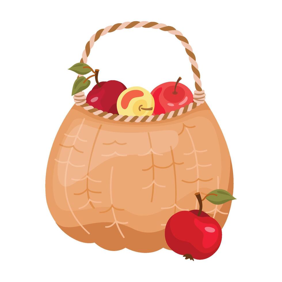 Autumn apple harvest red apples in basket. Autumnal still life of fall season harvest. Colored flat illustration isolated on white background vector