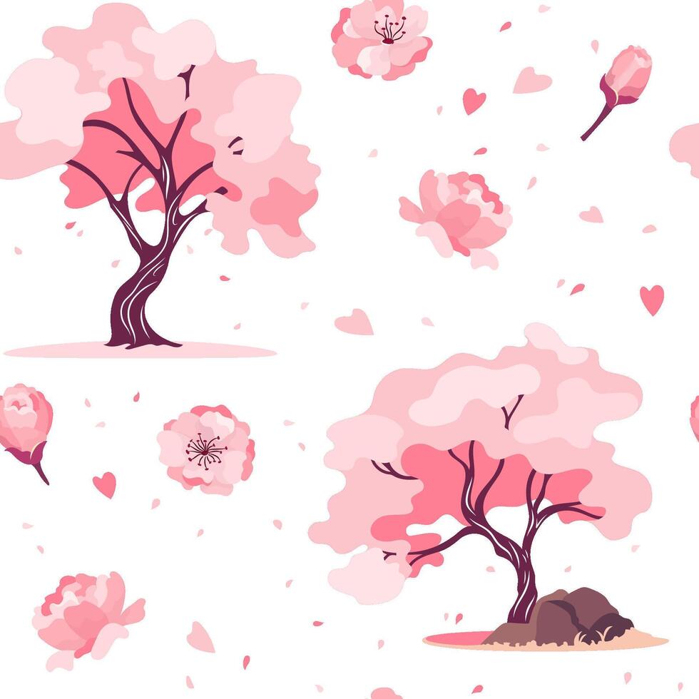 Floral delicate seamless texture with spring iconic Japanese cherry blossom tree. Pink color blooming sakura in full bloom illustration repeatable background, textile, wallpaper, wrapping paper, print vector
