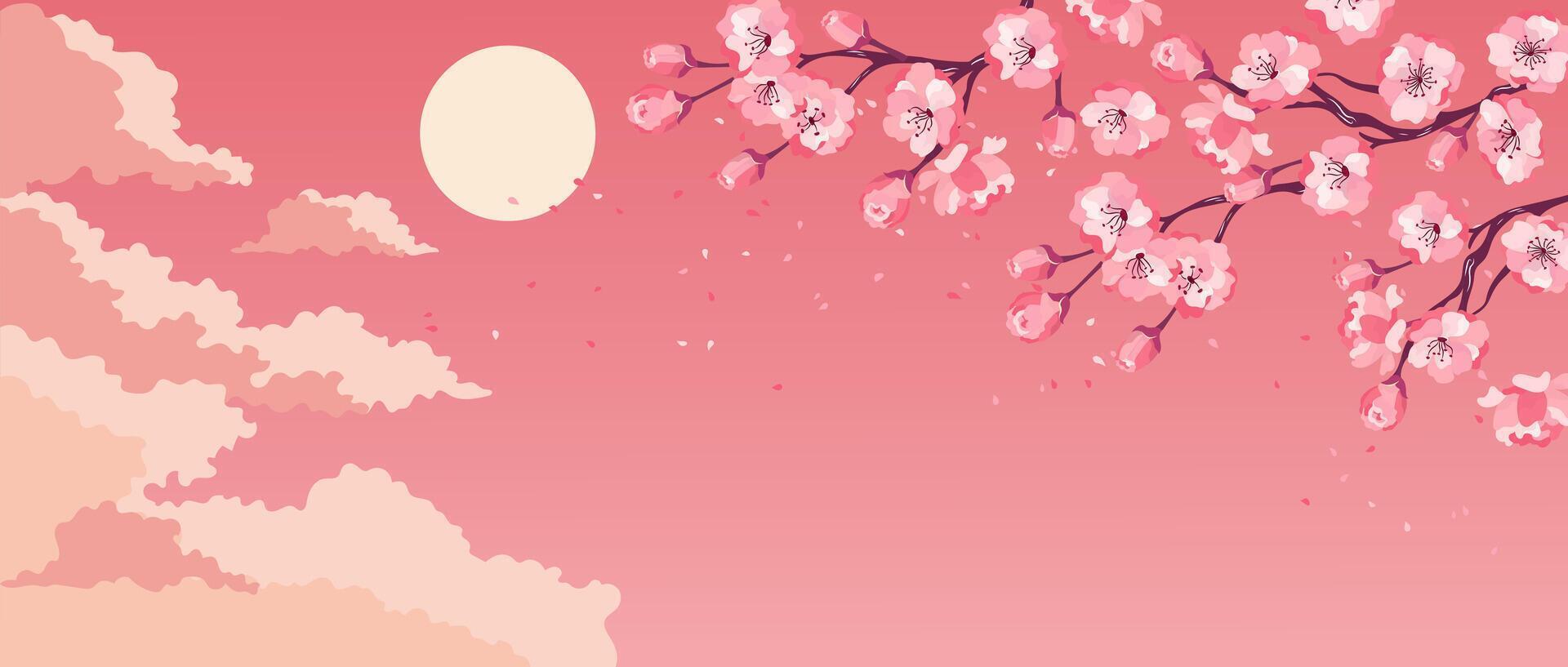 Vibrant horizontal template with cherry blossom in full bloom, sakura branch flowers and pink buds. Illustrations for Hanami holiday. Spring design for invitation, banner, card, poster, flyer vector