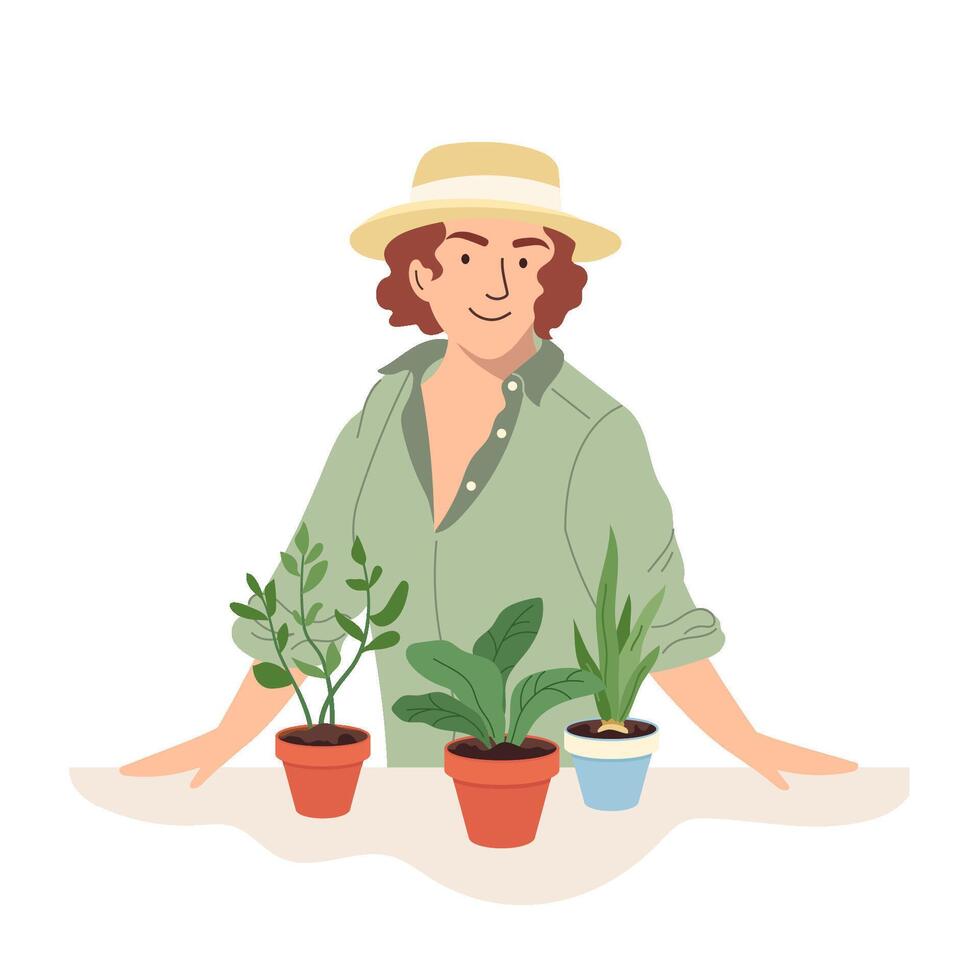 Beautiful young woman with indoor potted plants Colorful concept of home gardening, houseplant care Flat illustration highlights trend of nurturing greenery indoors isolated on white background vector