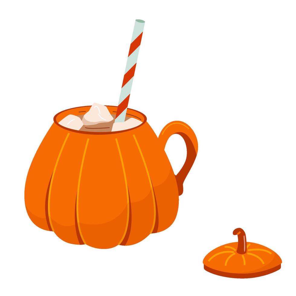 Flat cartoon illustration of a pumpkin shaped cup of coffee drink with cream and marshmallow. Cinnamon pumpkin latte cup. Colored flat illustration isolated on white background vector