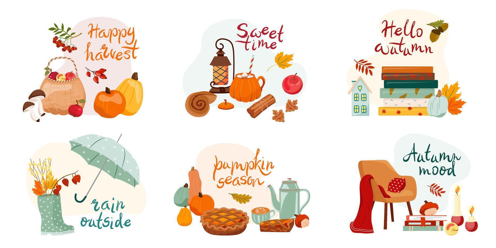 October season set of composition with lettering. hello autumn, sweet time, happy harvest Collection of Thanksgiving elements for scrapbooks, cards, poster Bright illustration isolated on white vector