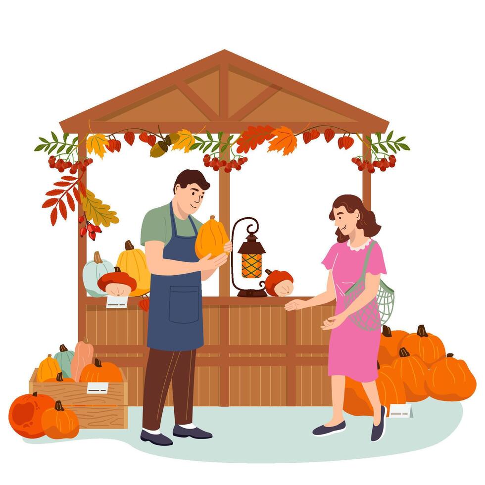 Happy greengrocer man selling organic fresh pumpkins at farmer local market. Farm vegetables stall with farmer and buyer. Stall counters autumn fairs. Flat illustration isolated on white. vector