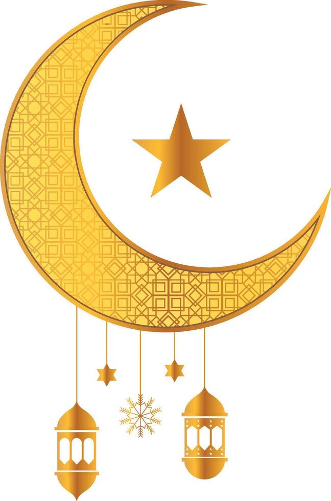 Gold color of Crescent Moon, star with Hanging Lantern vector