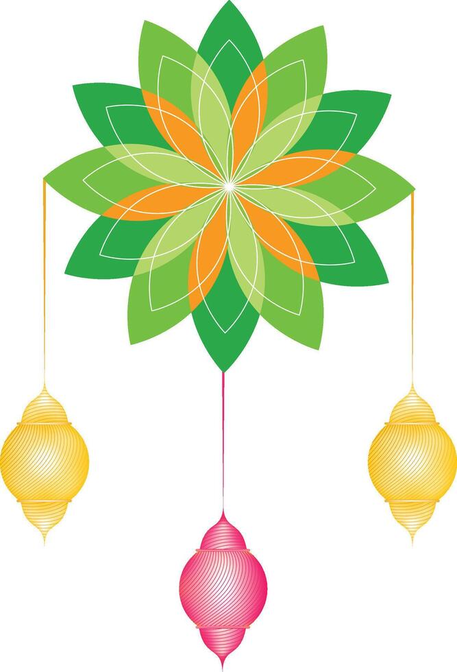 Vibrant Green and Yellow Mandala isolated Islamic lanterns white background. vector