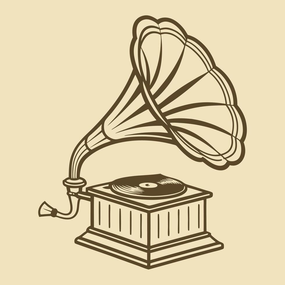 Linear illustration of a gramophone. Flat style. vector