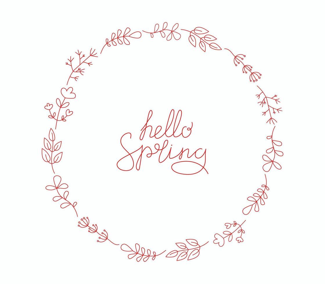 Set of simple drawings of plants, flowers, branches, leaves. Round frame, border. Hello spring, phrase, hand lettering. Floral ornament. Hand drawn. vector