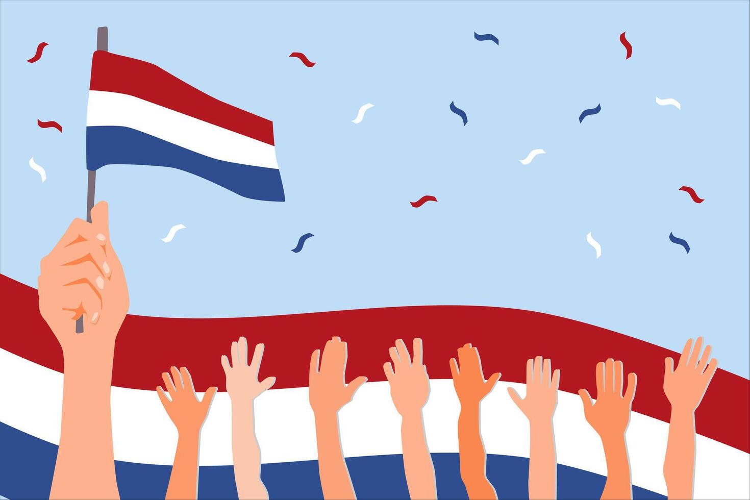 Liberation Day Background. background with hands holding the Netherlands flag, several hands being raised, and the Netherlands flag behind it. light blue background vector
